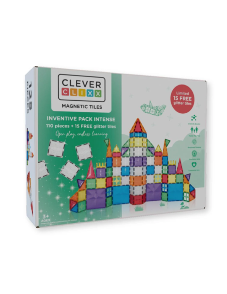 Bloques magnéticos INVENTIVE 110+15 piezas Glitter CleverClixx (Colores vivos)