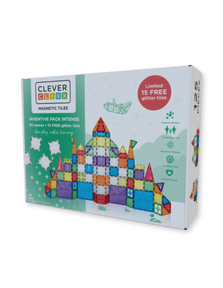 Bloques magnéticos INVENTIVE 110+15 piezas Glitter CleverClixx (Colores vivos)